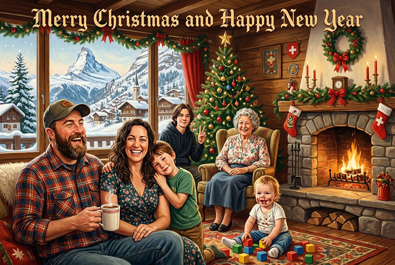 Card 1: Family gathered by the fireplace, Rockwell style